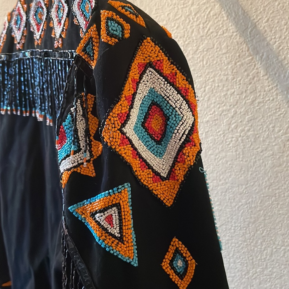 Vintage Southwest Native inspired western beaded fringe jacket black turquoise - Picture 7 of 13